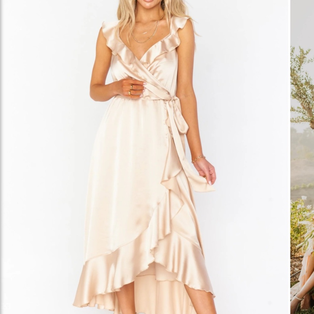 Show me your mumu samantha wrap dress champagne gold satin